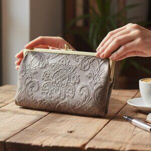 Hobo Candace Style Gray Leather Embossed Clutch Wallet